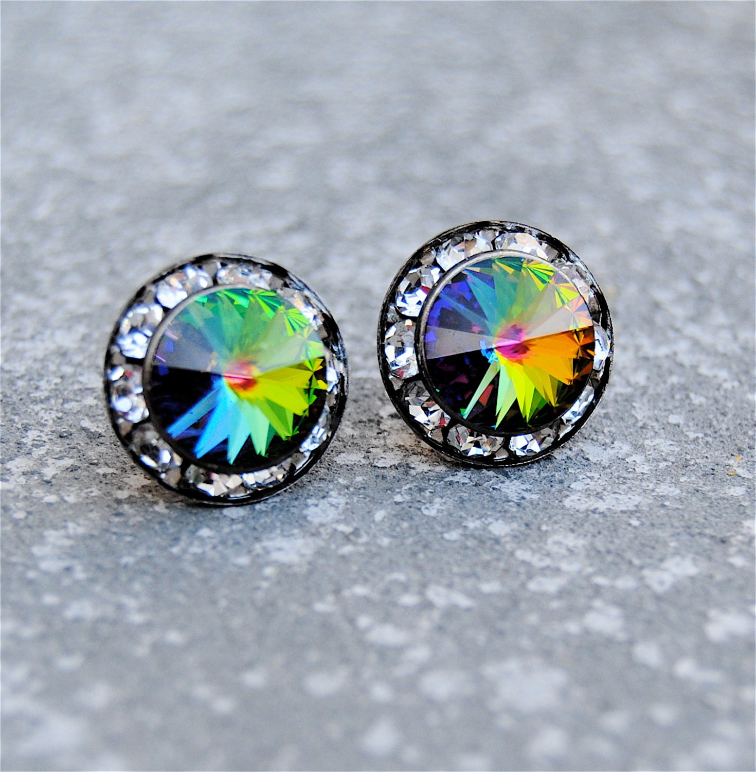 Rainbow Earrings - Sugar Sparklers Small - RARE Vintage Oxidized Swarovski Rainbow Vitrail, Diamond Rhinestone Sud Earrings