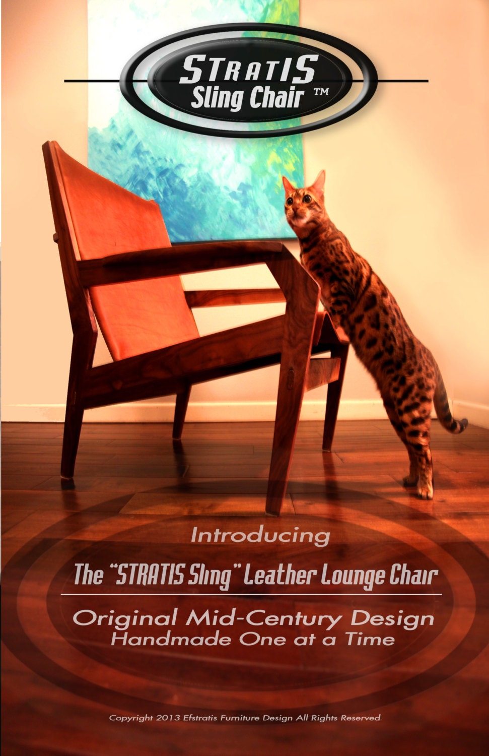 Sratis Sling, Original Design,  Handmade One of a Kind, Orange Leather Lounge Chair,  Mid Century Modern