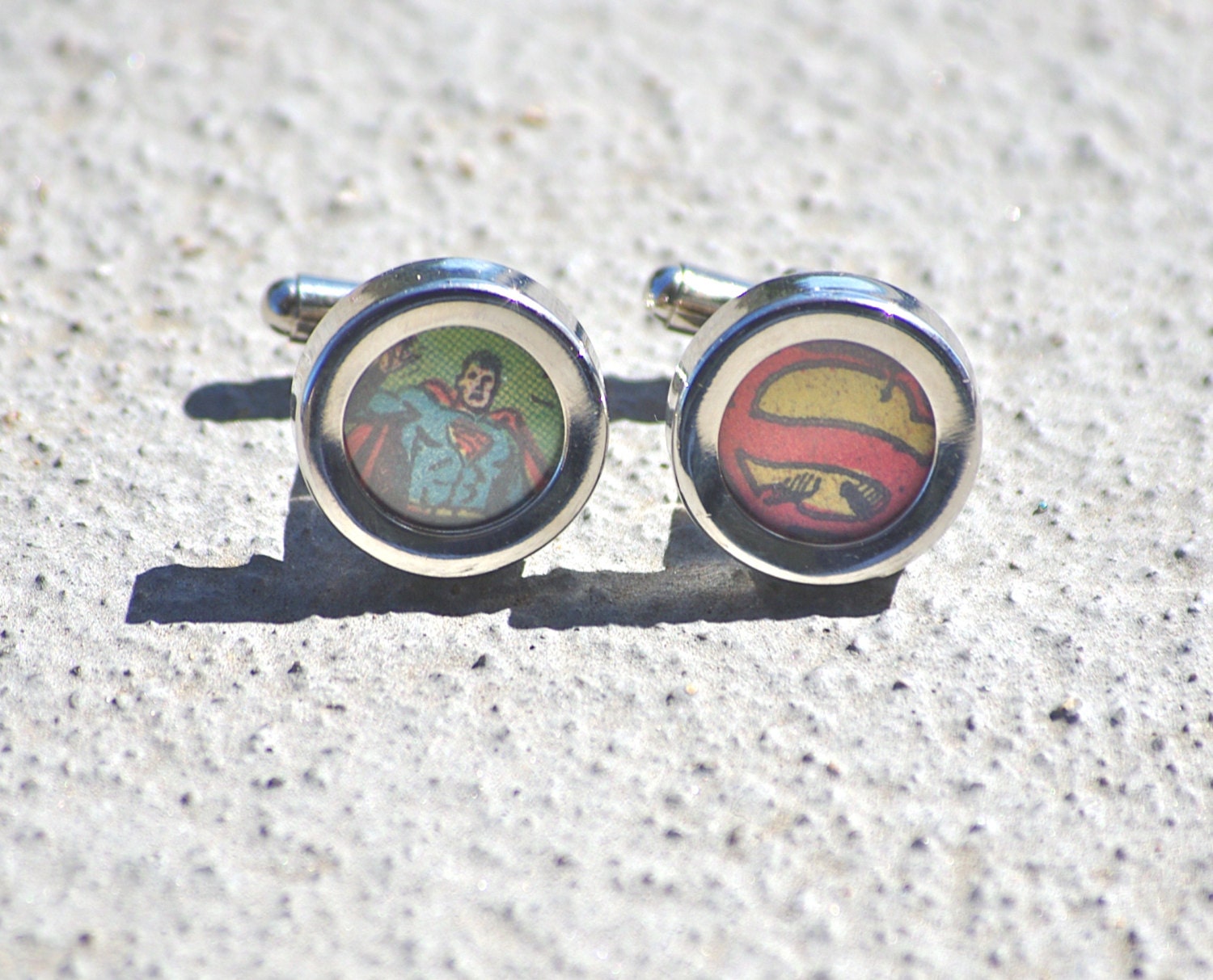 Superman cufflinks superhero cuff links recycled vintage dc comics S logo gifts for men comic book accessories geeky boyfriend
