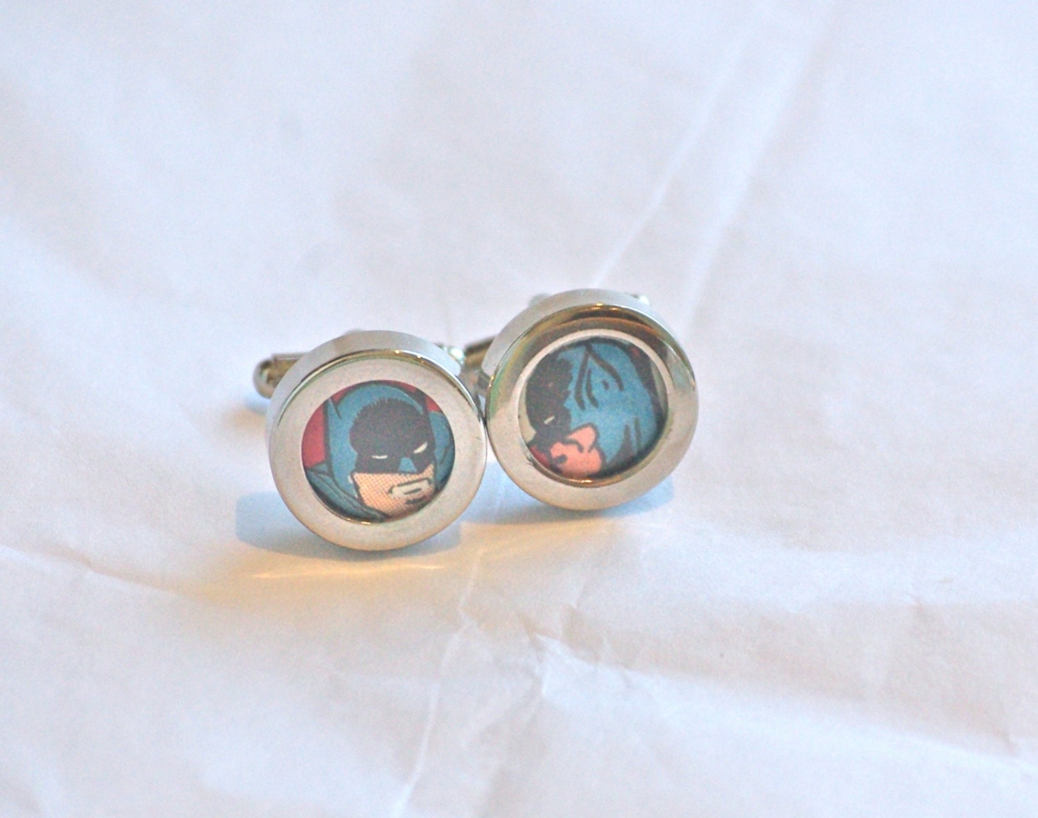 Batman Cufflinks batman cuff links geeky boyfriend gift upcycled comic book dc comics vintage superhero blue white red accessories