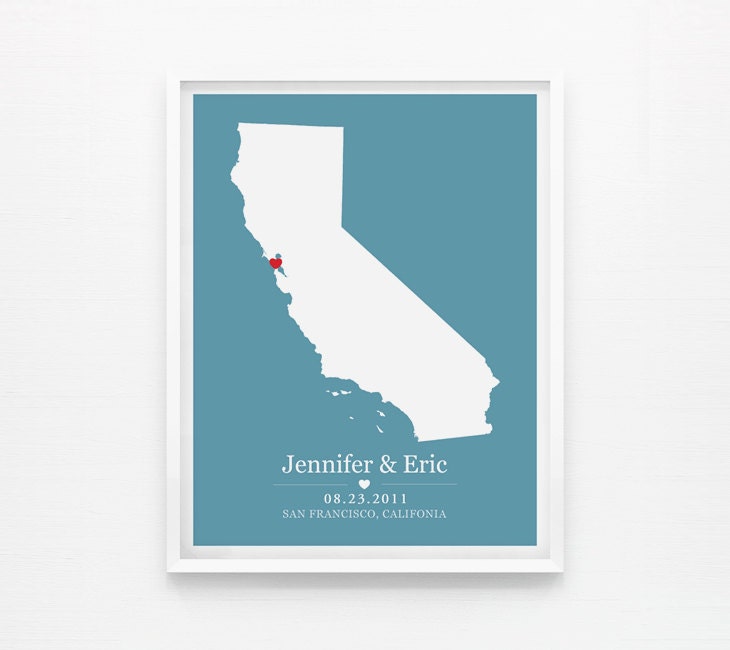 Personalized Wedding Gift - Califonia Custom Location and State Map 8x10 Map Print