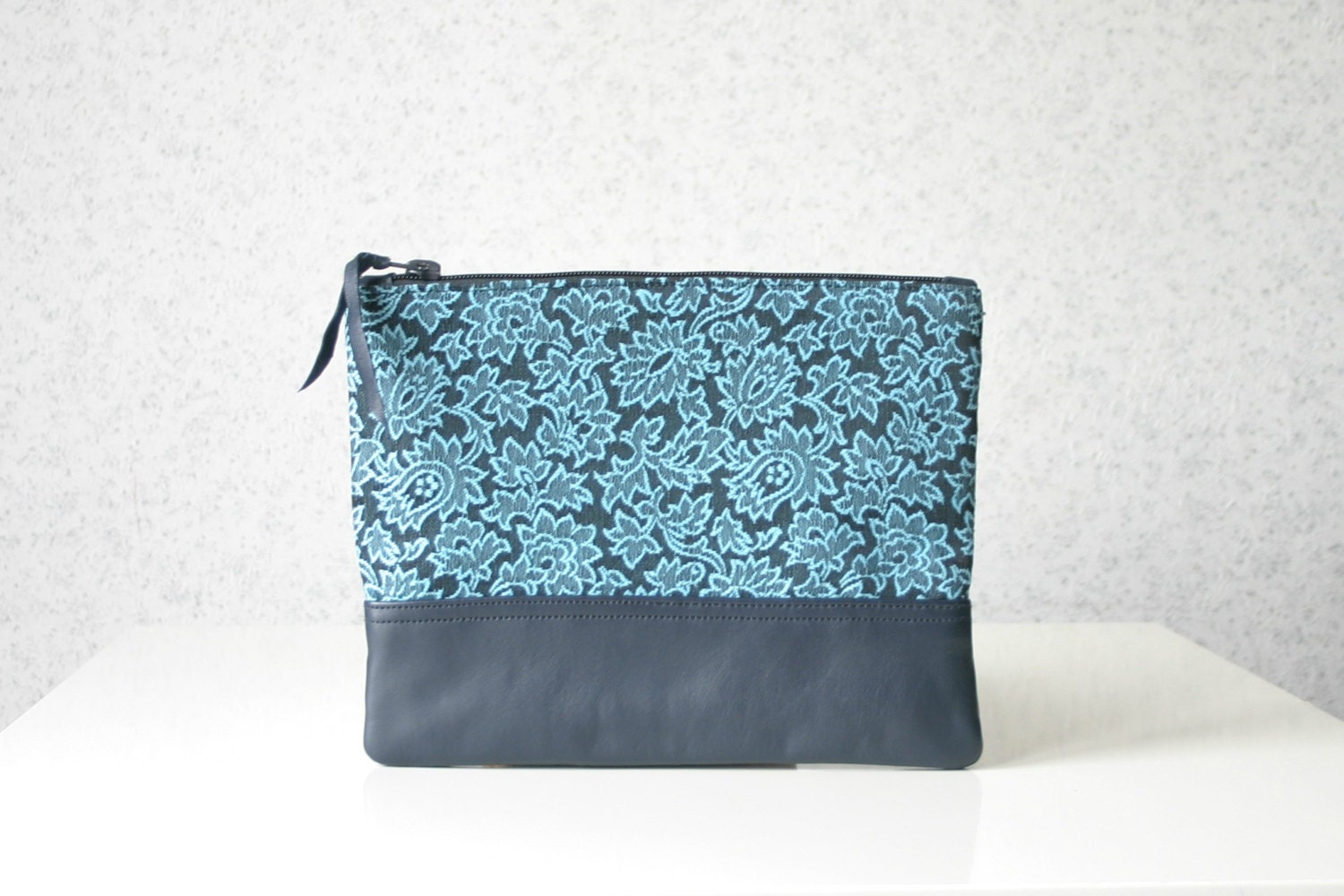 Clutch purse Leather and Vintage Fabric Blue Ocean Floral