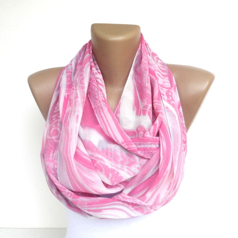 cutee pink infinity scarf, women loop scarf. pink and white chiffon scarves. Tube scarf,eternity scarf, trendy scarf