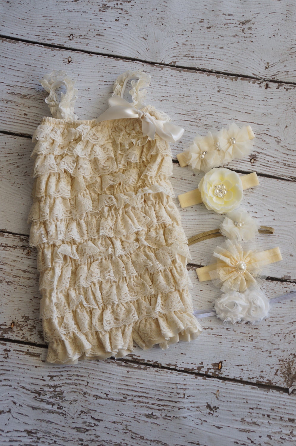 Petti Romper -  Ivory lace Romper and Headband Set - Girls Romper - Baby Romper - Ruffle Romper - Lace Dress - Baby Outfit