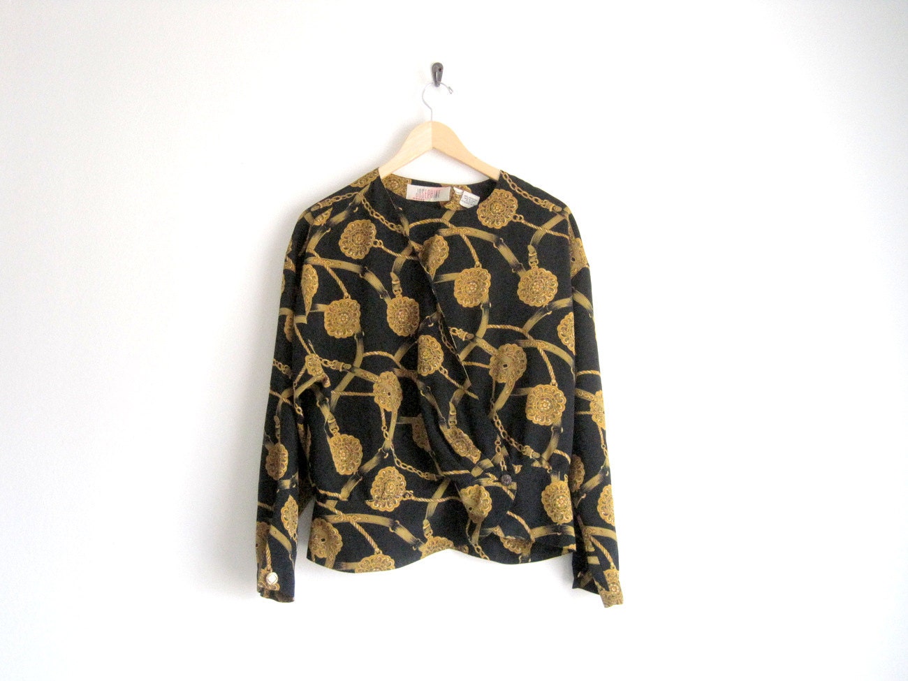 vintage 80s blouse / black gold chain print shirt / wrapped button down blouse / loose boxy fit