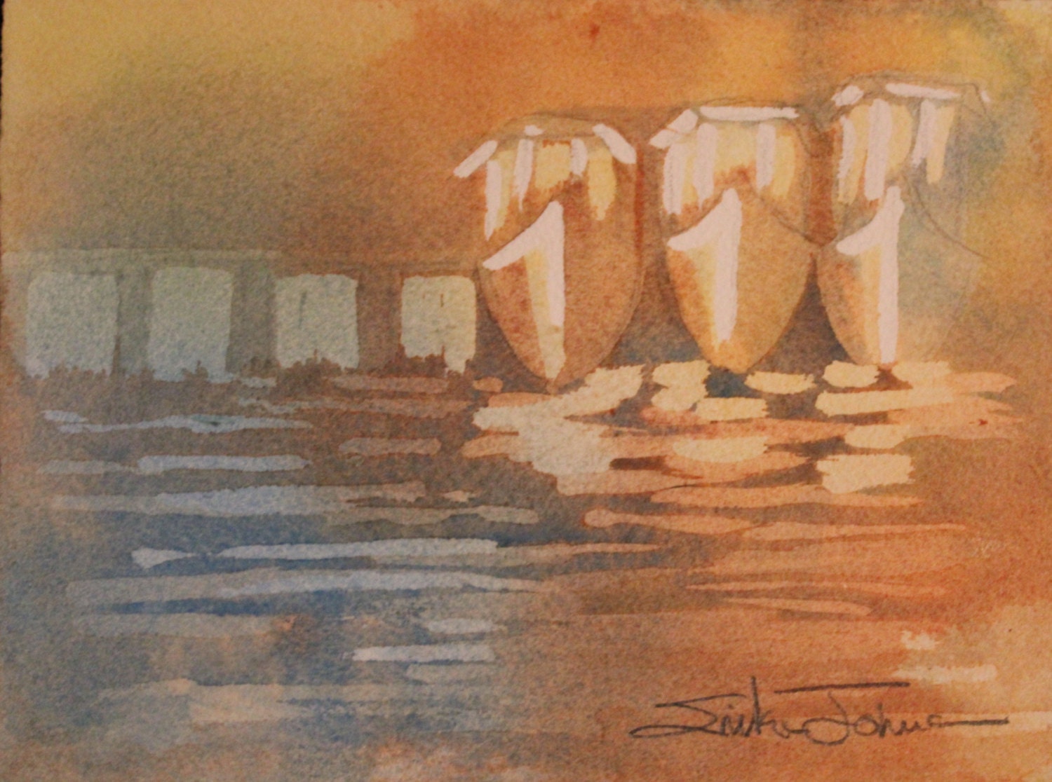 Shrimp Boats/Fishing Boats at Sunset Original Water Color Painting 5 1/2 x 7 1/2 Inches Coastal art