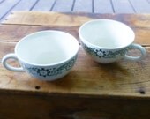 pair of vintage floral tea cups - green flower illustrations - set of two (2)