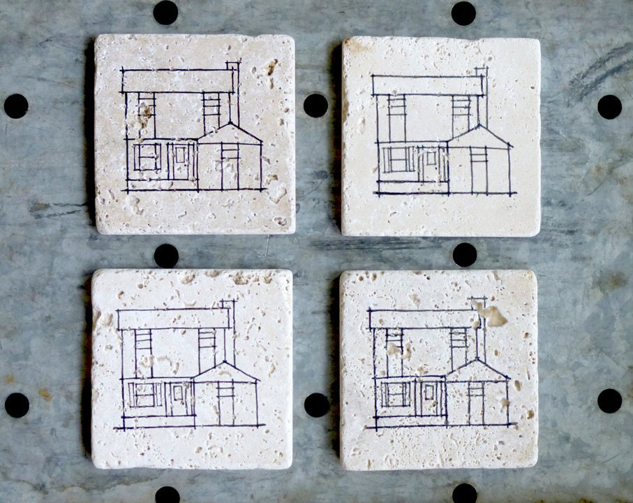 custom house coaster set of four (4) - hand drawn home illustration - architectural line drawing