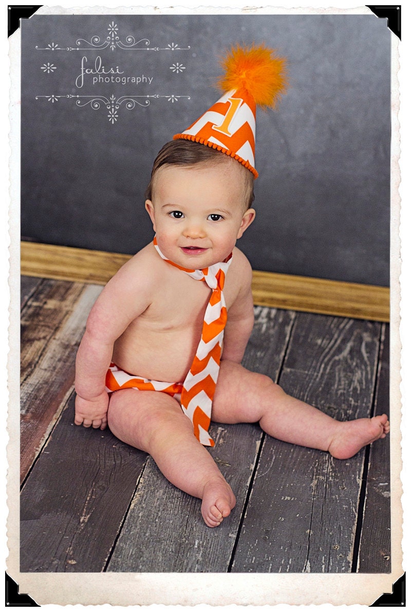 Baby / Boy Toddler Party Hat & Diaper Cover First Birthday Photo Cake Smash Outfit in Orange and White Chevron