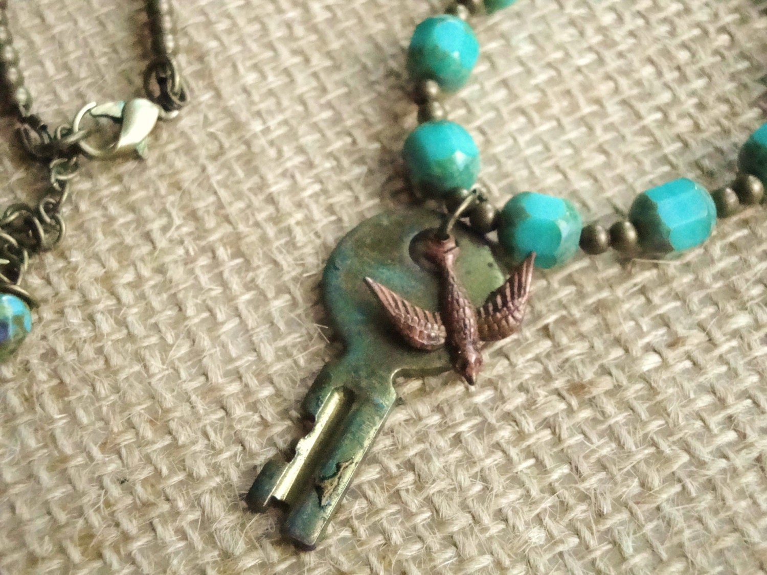 Mint Picasso Czech Glass Bronze Vintage key Vintaj Copper Bird Necklace