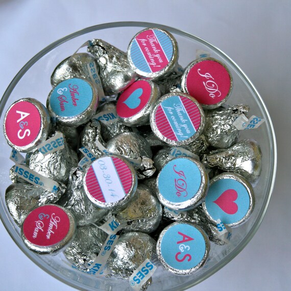 Wedding Favor- Personalized Hershey Kiss Labels in Teal and Hot Pink- Print your own Il_570xn