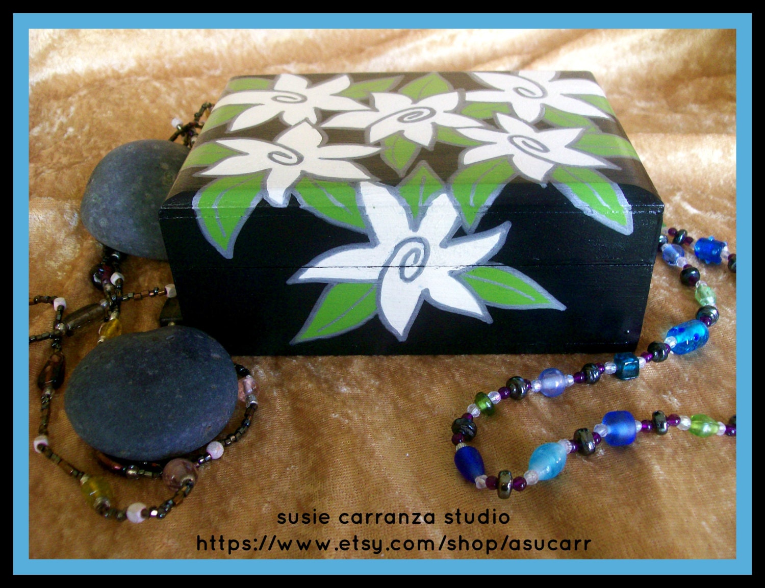 Handpainted Wood Box - Black, with Antique White Flowers and Green Leaves
