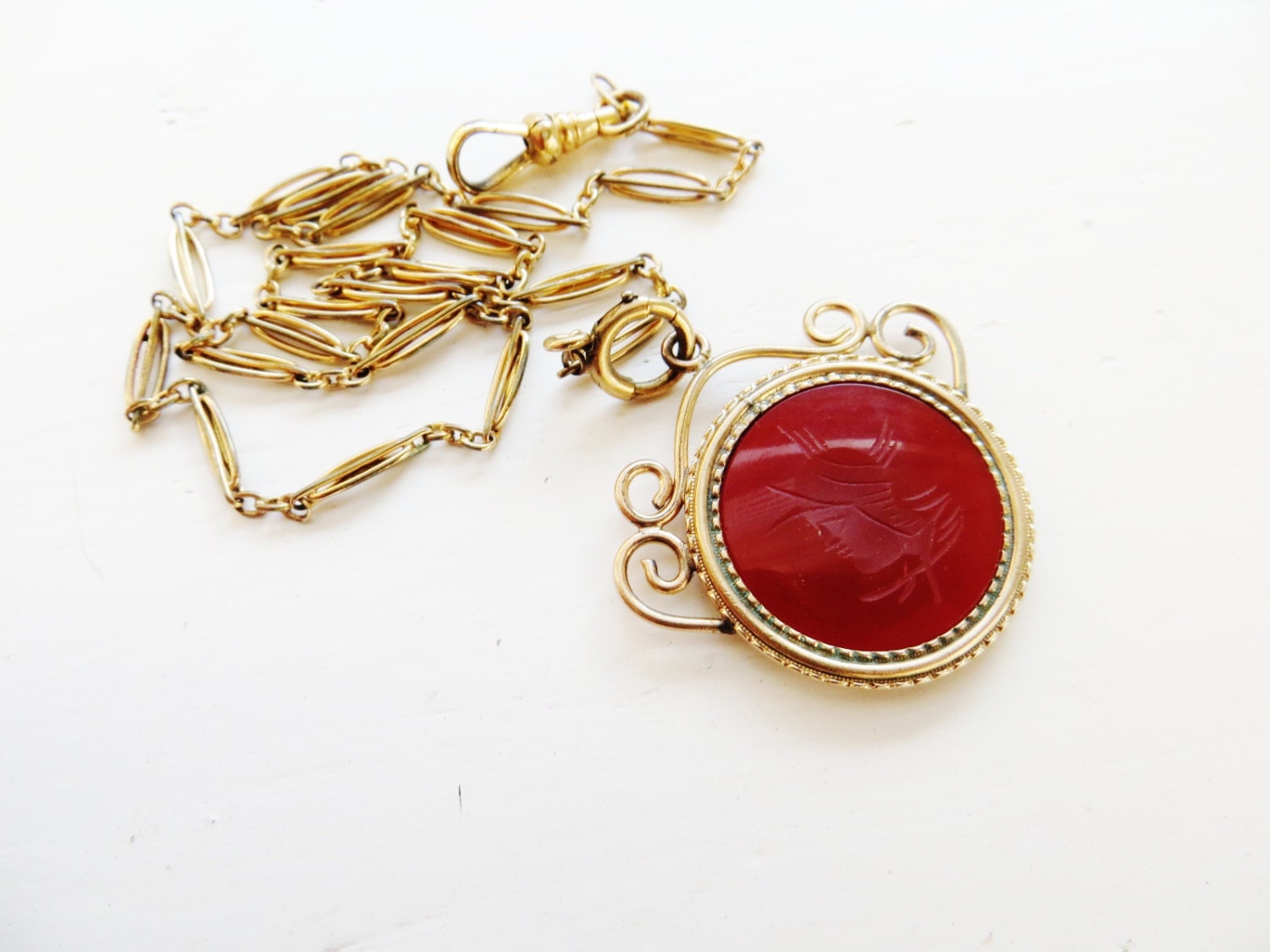 Antique Edwardian Victorian Pocket Watch Chain Necklace Gold Filled Carnelian Intaglio Chatelaine Fob Pendant 1900s Antique Jewelry