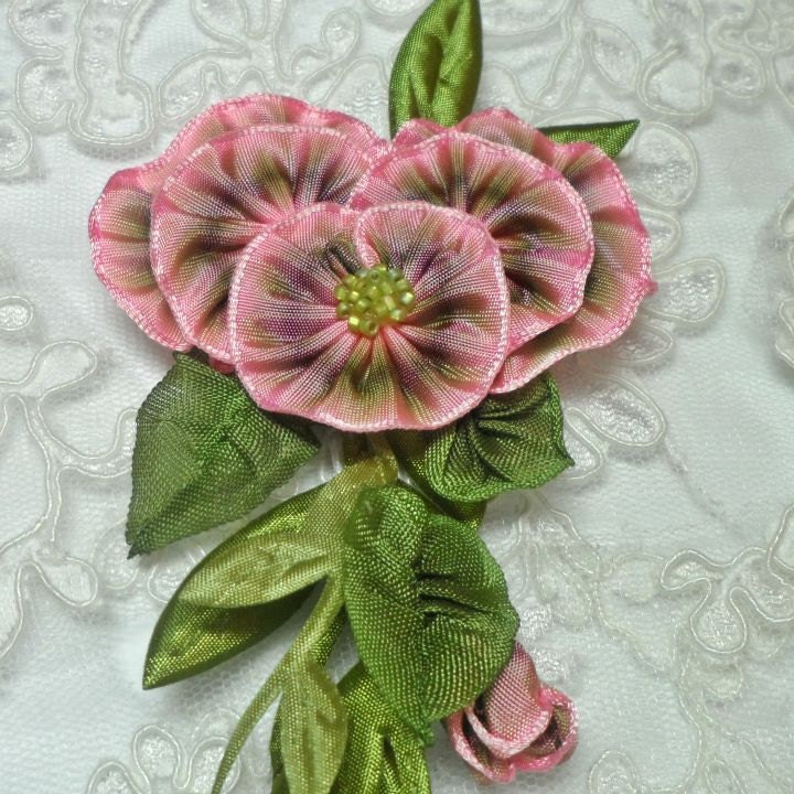 French Ribbonwork Pansy Ribbon Work Flower Brooch