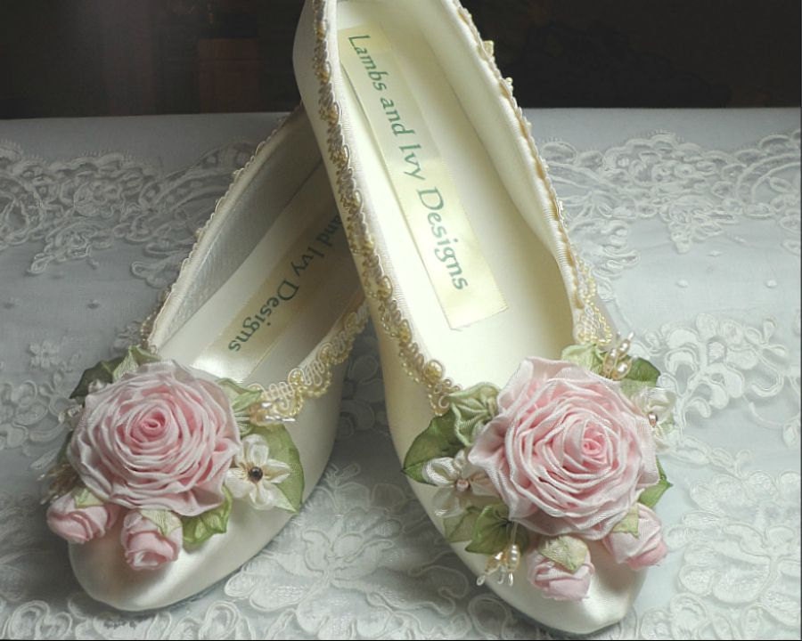 Princess Ballerina Shoes Roses Ribbon Work Flower Girl Wedding Bride's Shoes
