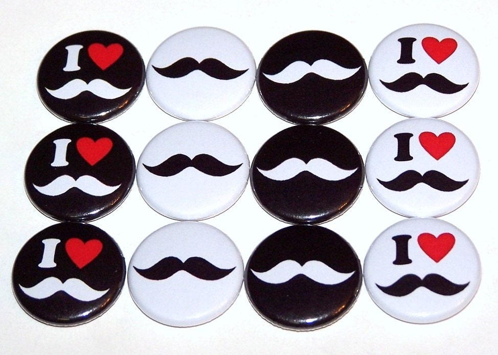 I Love Mustache Moustache Black White 1 Inch Pin Back Buttons 1" Pins
