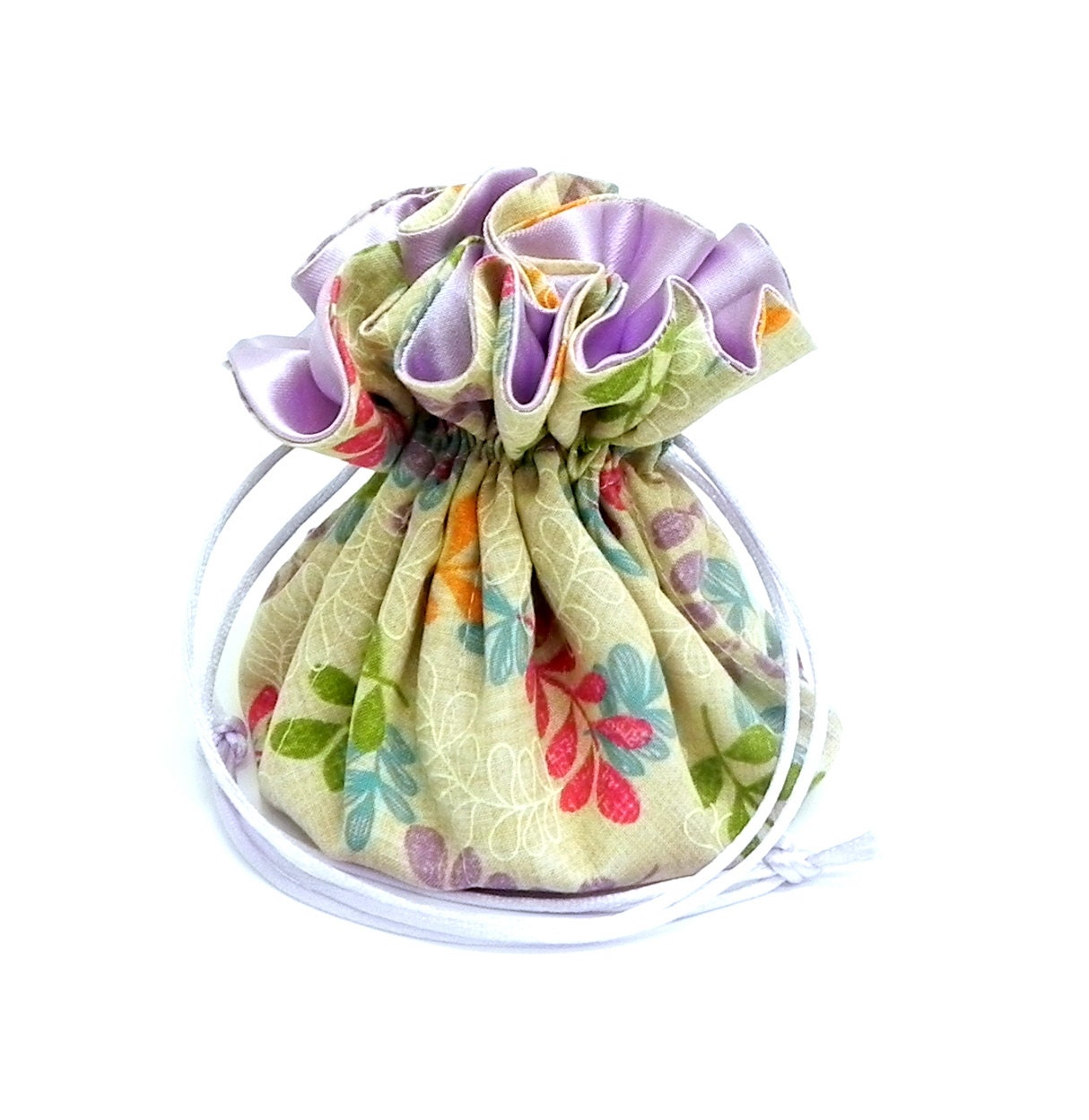 Drawstring Jewelry Pouch - Turquoise, pink, orange and beige floral travel bag
