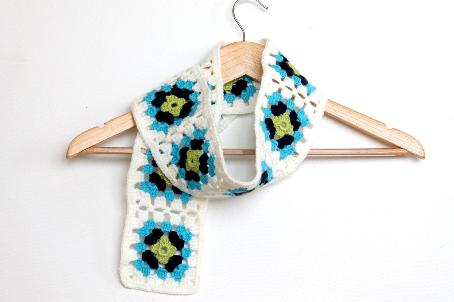Granny Square Scarf / Emerald, Blue, White Colorful / Handmade Square scarf / Valentines day / Mother's Day Gift