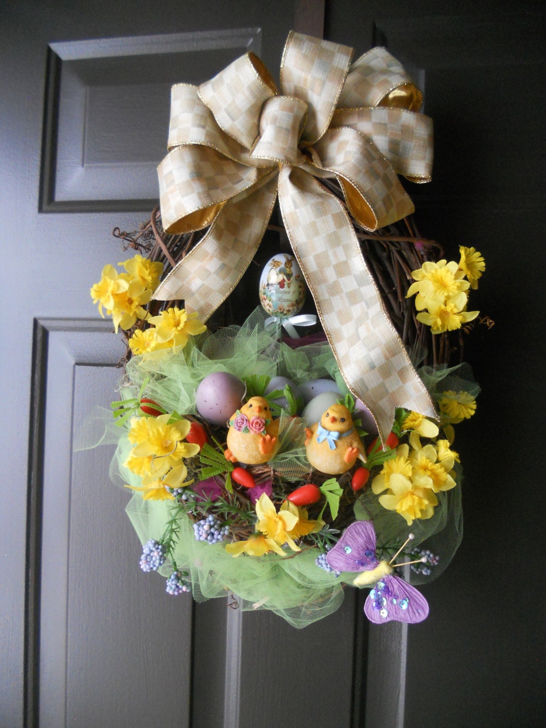 EASTER Basket Bunny Wreath, MacKenzie-Childs Ribbon, by Pebble Creek Wreaths