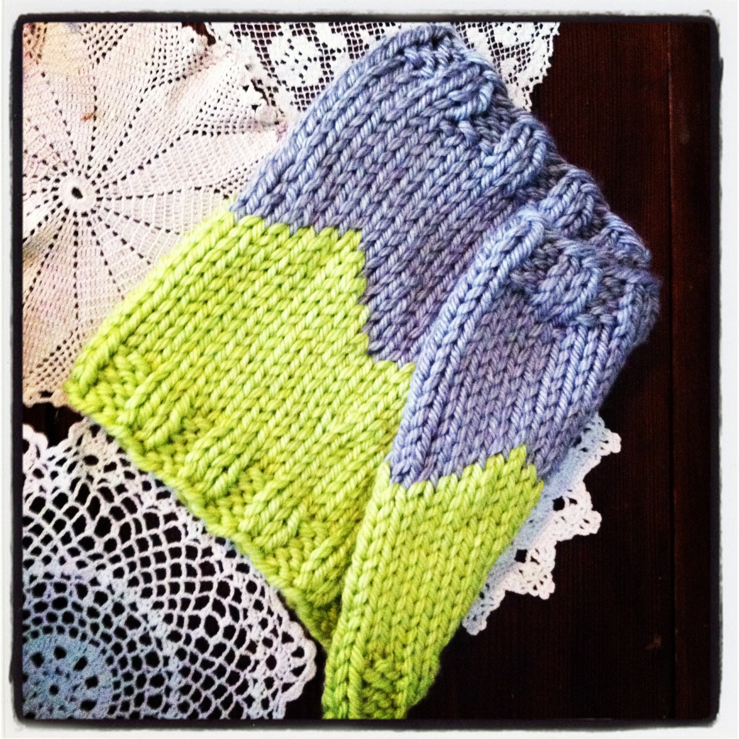 Geometric Knit Cowl / Tube Scarf - Triangle Tribal Pattern - Lost Boys in Chartreuse Green and Gray - Vegan - Wool Free - Lit Knits