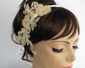 Wedding Fascinator, Bridal Headband Made with Beige Cream Floral Lacy Tulle Applique. Handmade
