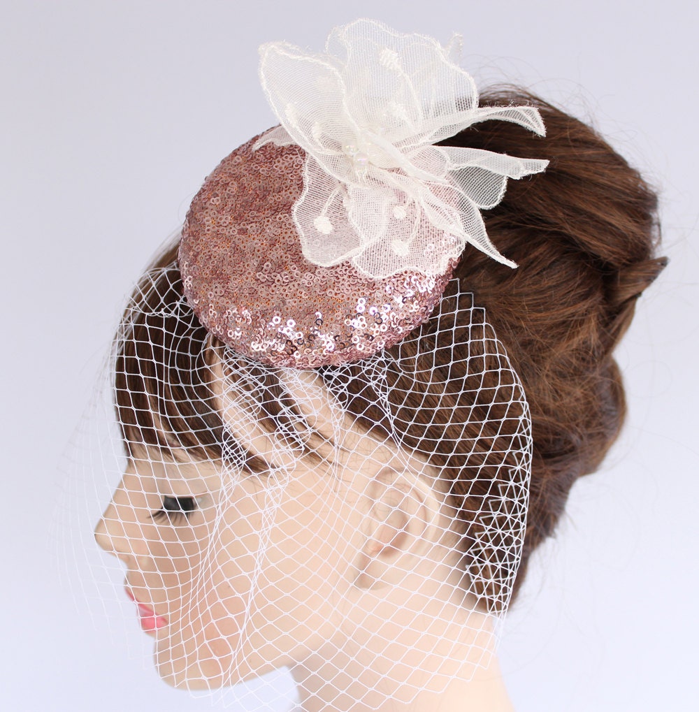Bridal  Top Hat Fascinator with Birdcage Veil Decorated with Organza Flower. Handmade and Unique Item.