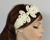 Ivory Lace Bridal Headband, Pearl Beads Applied Cottage Style Head Piece. Handmade and One-of-a-Kind Item