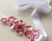 White Bridal Sash with Pastel Pink flowers:Satin Ribbon Wedding Dress Belt. Pearl Beads Accented. Handmade.