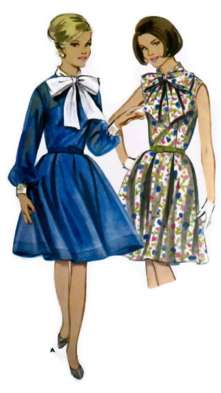 Vintage 1960's Women's Sewing Pattern Butterick 3427 Mad Men Circle Skirt Fitted Bodice Dress Belted Tie Collar Size 14 Bust 34"