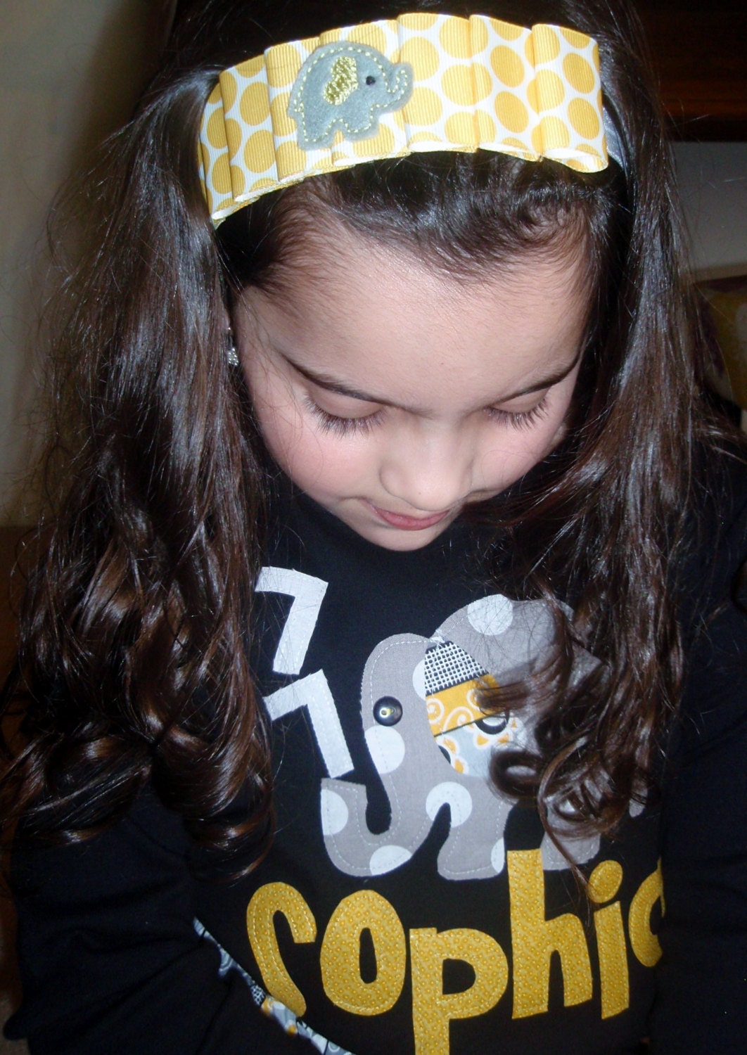 New gold, gray  tween, girl, toddler black shirt gray polka dot elephant spouting personalized birthday number and name applique NB - 16