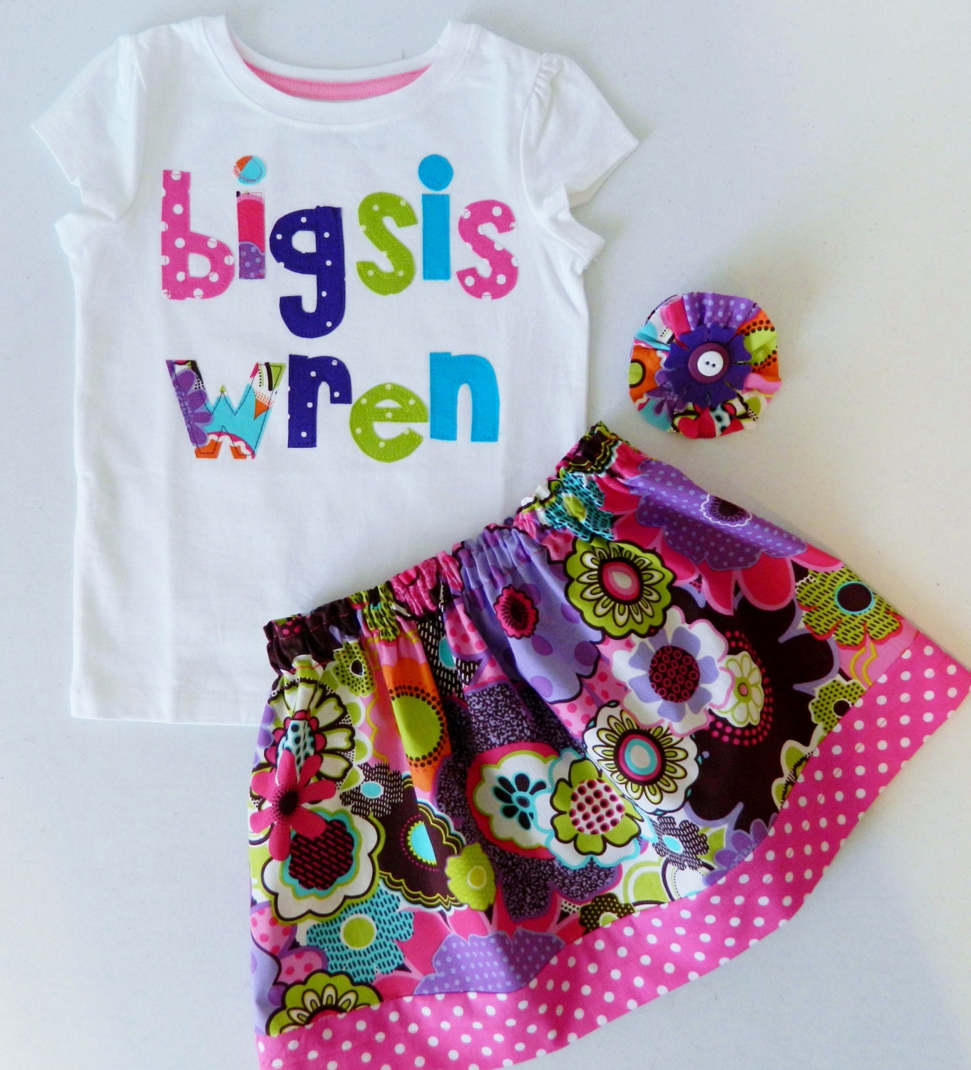 3 piece outfit - shirt or onesie  personalized pink purple green blue BIG SIS and name, retro flower skirt, bow in sizes 12m -16