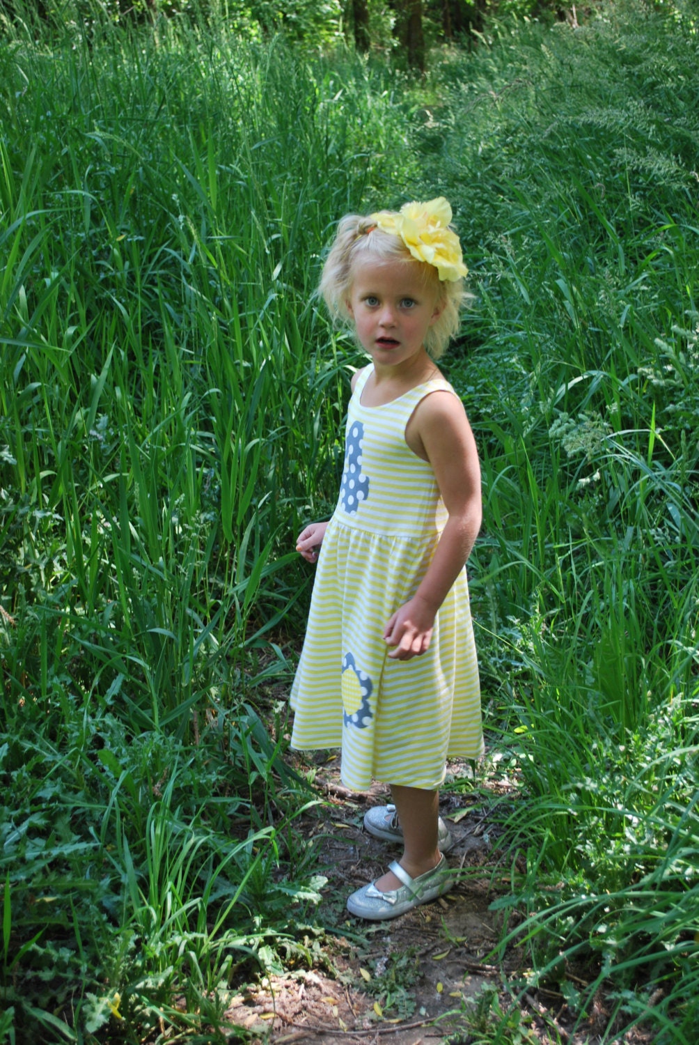 Yellow and gray summer striped knit tank dress with funky polka dot flower, personalized with initial or number - sizes 12m - 8
