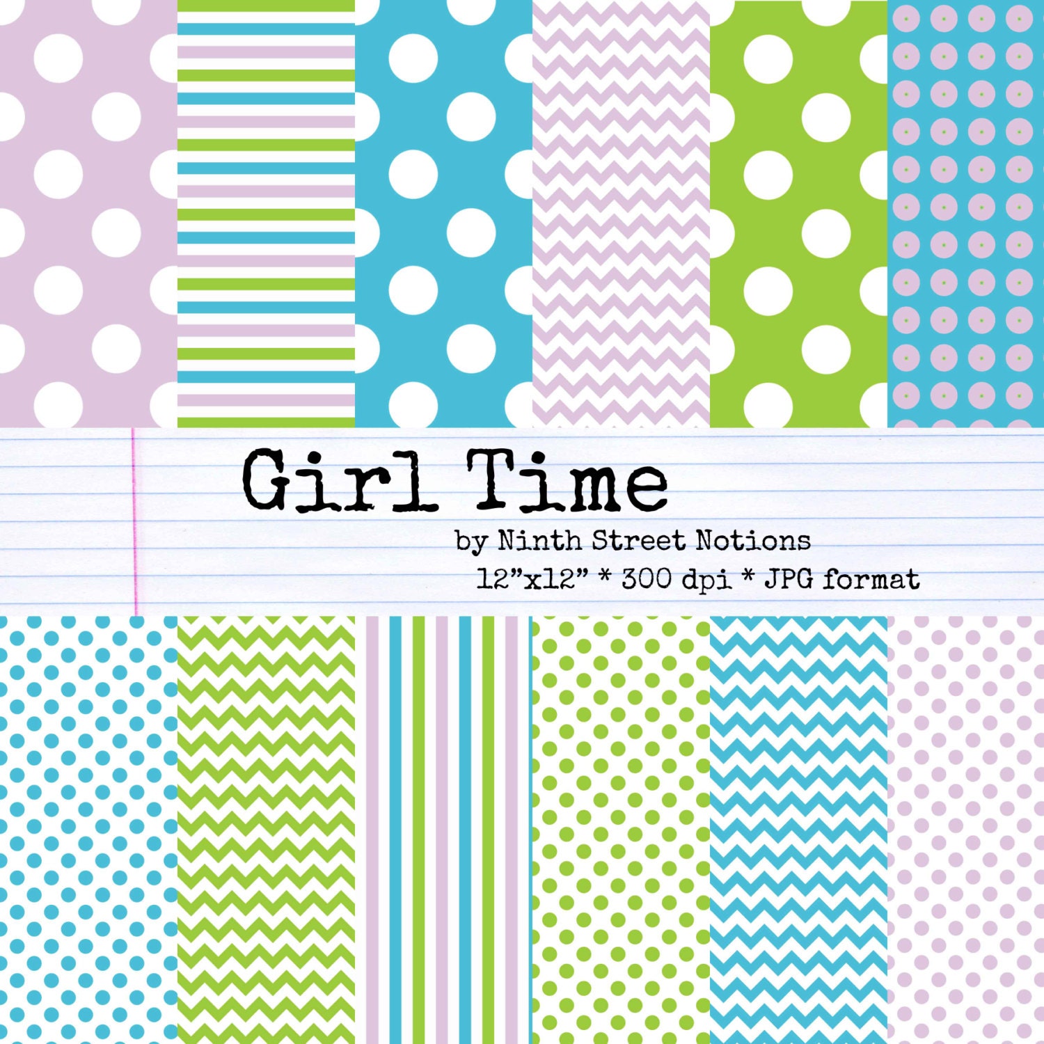 Blue, Green, and Lavender Patterned Digital Scrapbook Papers 12x12 - for invitations, blog design, photographers