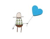 Unique Greeting Card, I Love You, Happy Birthday, Quirky Illustration, Poosac with Blue Heart Balloon, Patterned Sweater