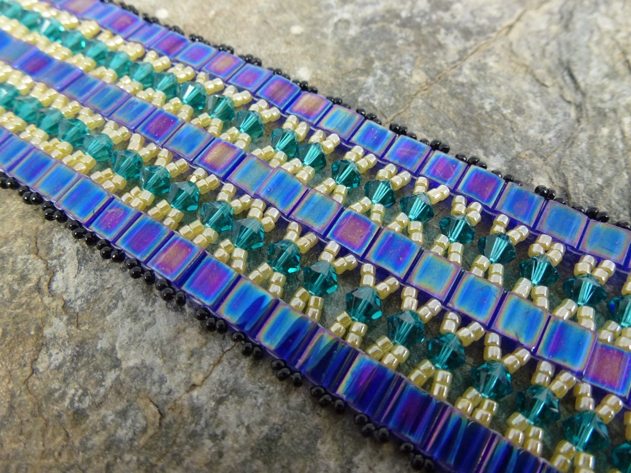 Bracelet in Blue Crystals and Tila Beads, with Yellow Seed Beads