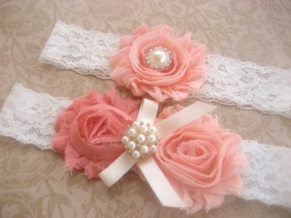 Rosy Peach Bridal Garter Wedding Garter Set Toss Garter included Peach Roses Ivory with Rhinestones and Pearls  Custom Wedding colors