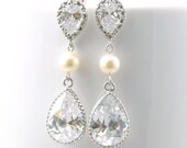 Bridal Earrings Cubic Zirconia Teardrop Dangle Earrings with Swarovski Round Pearl Sterling Silver Ear Post Bridesmaid Gift Pearl Jewelry