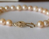 Gold Pearl bracelet, Genuine Peach Pearl Hand Knotted Bracelet, Fresh Water Pearls, Gold filled Fancy filigree clasps, Wedding, Holiday gift