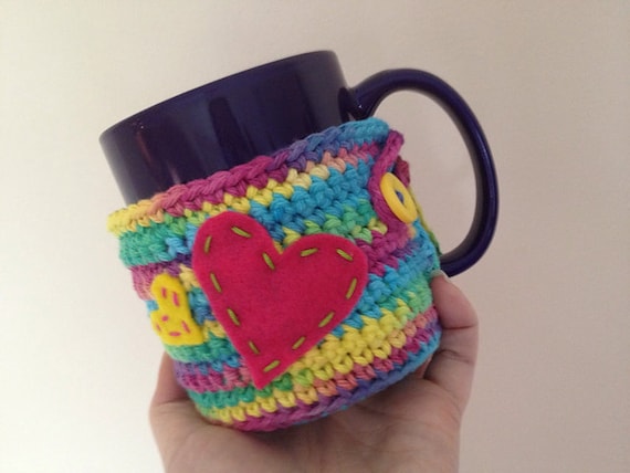 Crochet Coffee Tea Mug Cozy Cozie Cotton Rainbow Heart Crochet Valentines