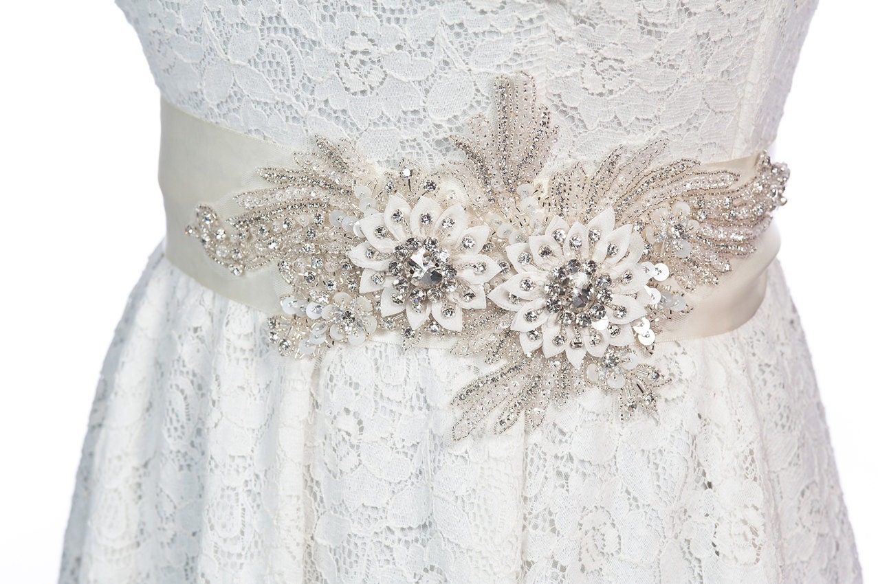 bridal sash , rhinestone applique , crystal embroidery diamante sash - lux collection LYN