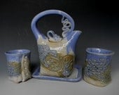 White Blue Ceramic Lace Impressed Two-cup Tea Set