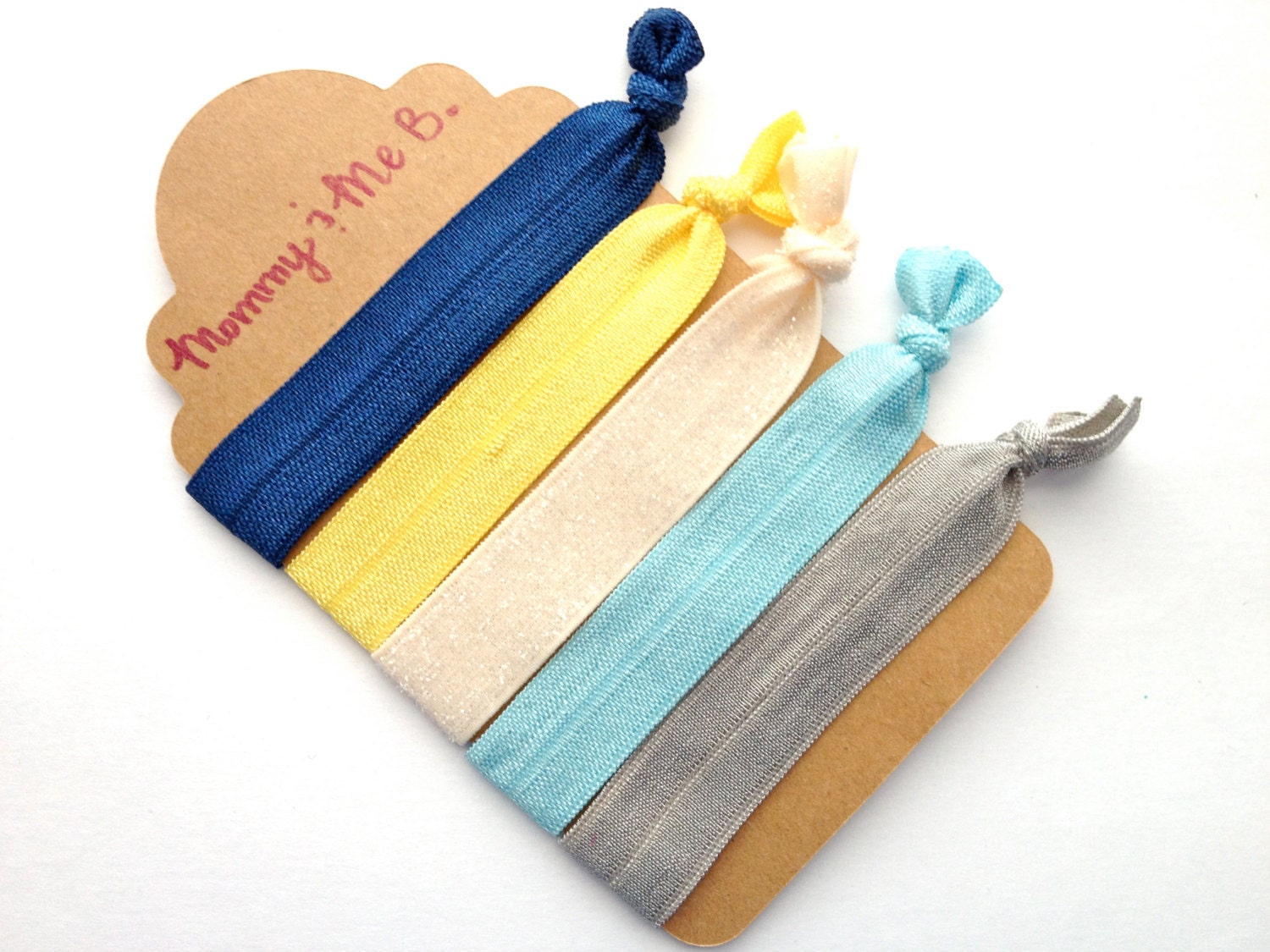 Super Soft No-Snag Elastic Hair Ties --  Sailor Blues Collection -- Featuring GLITTER Cream, Navy, Yellow, Aqua, Silver