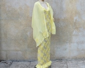 Stunning 1960s yellow sheer floor length wiggle dress- 60s floral embroidered formal dress with wrap - medium