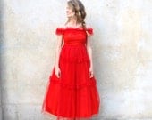 1950s red tulle party dress- 50s full skirt prom / cocktail dress