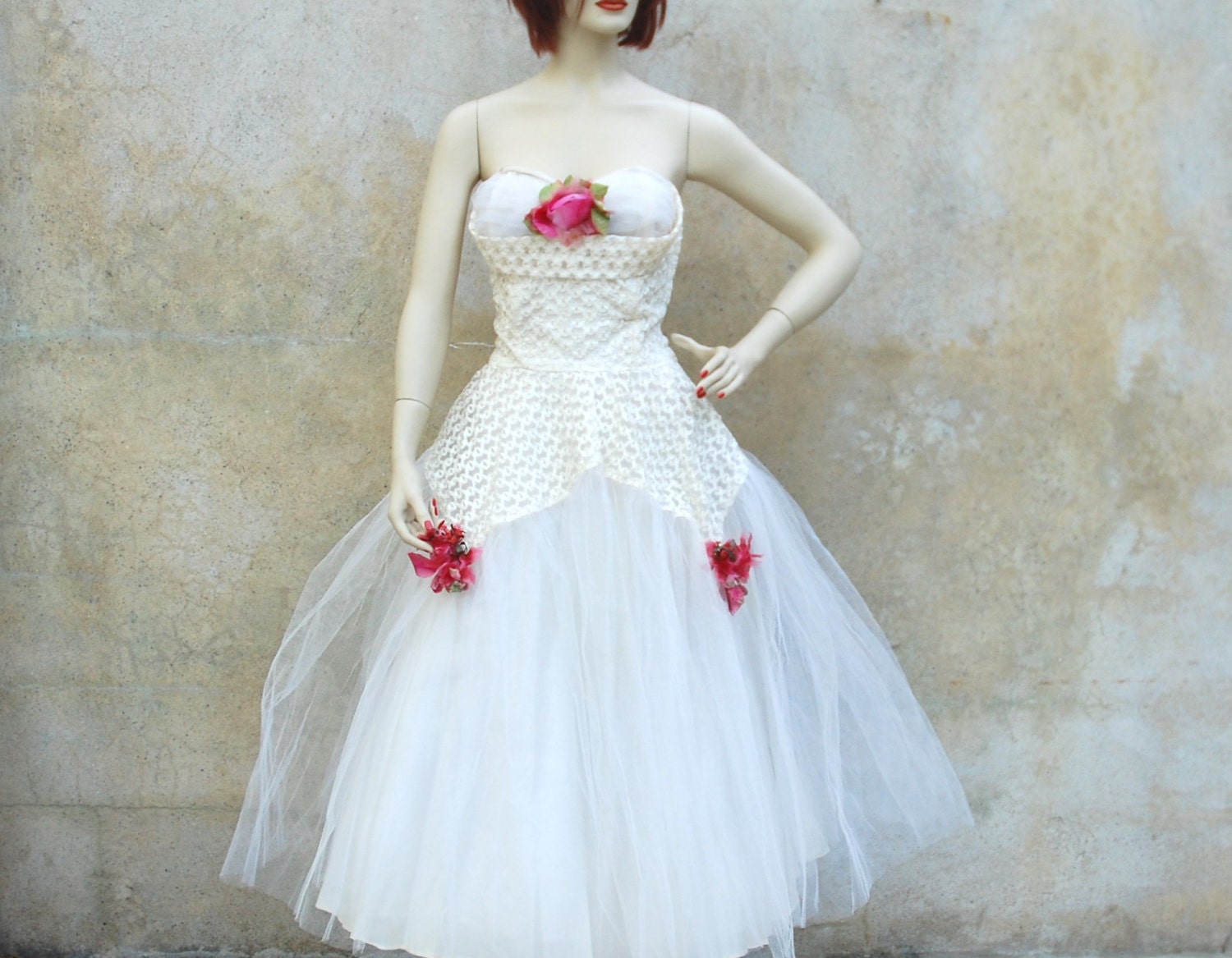 1950s rose garden applique wedding dress- 50s strapless tulle white prom party wedding dress- medium