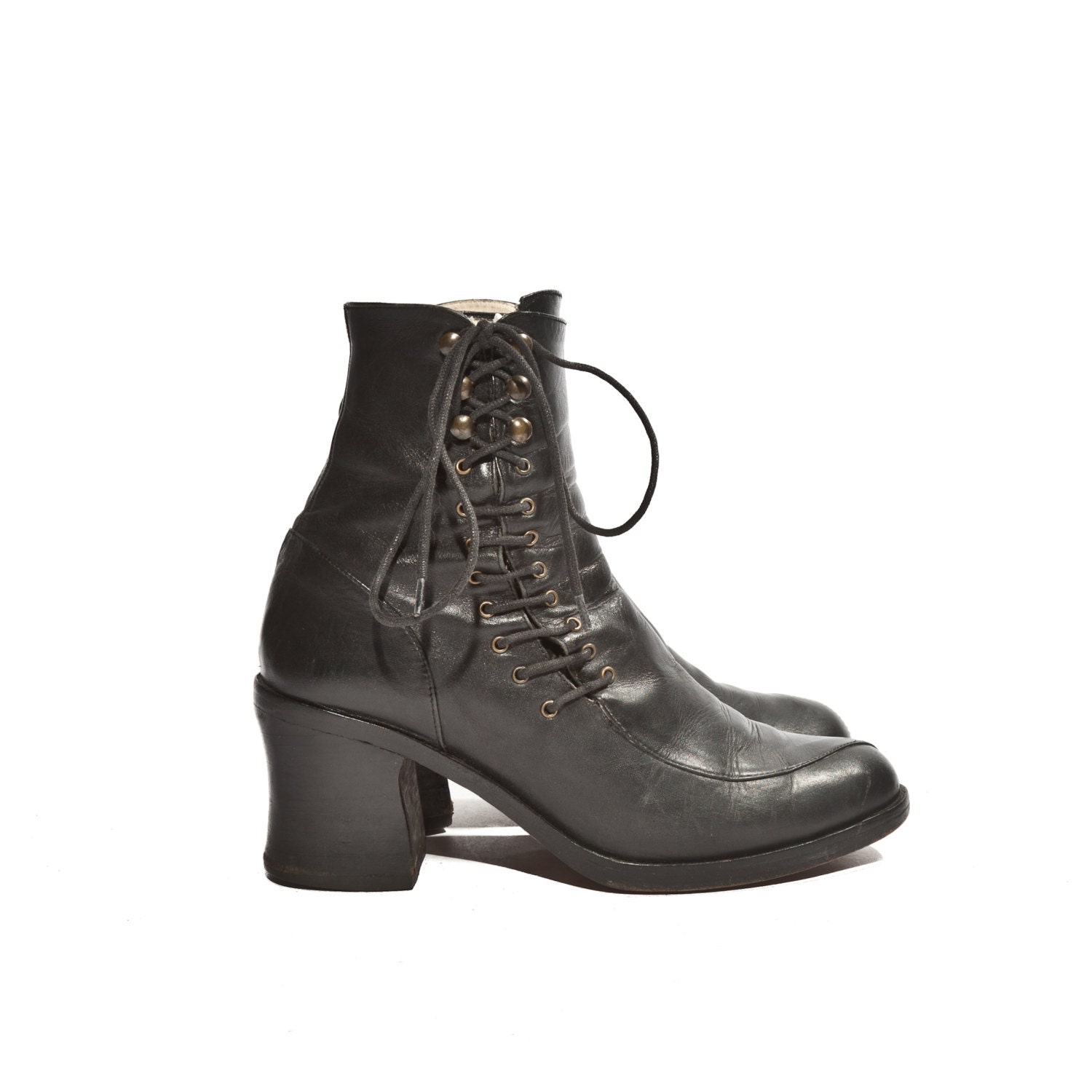 90's Avant Garde Chunky Heel Ankle Booties Black Leather Side Lace Up Women size 8 US 38 1/2 EURO