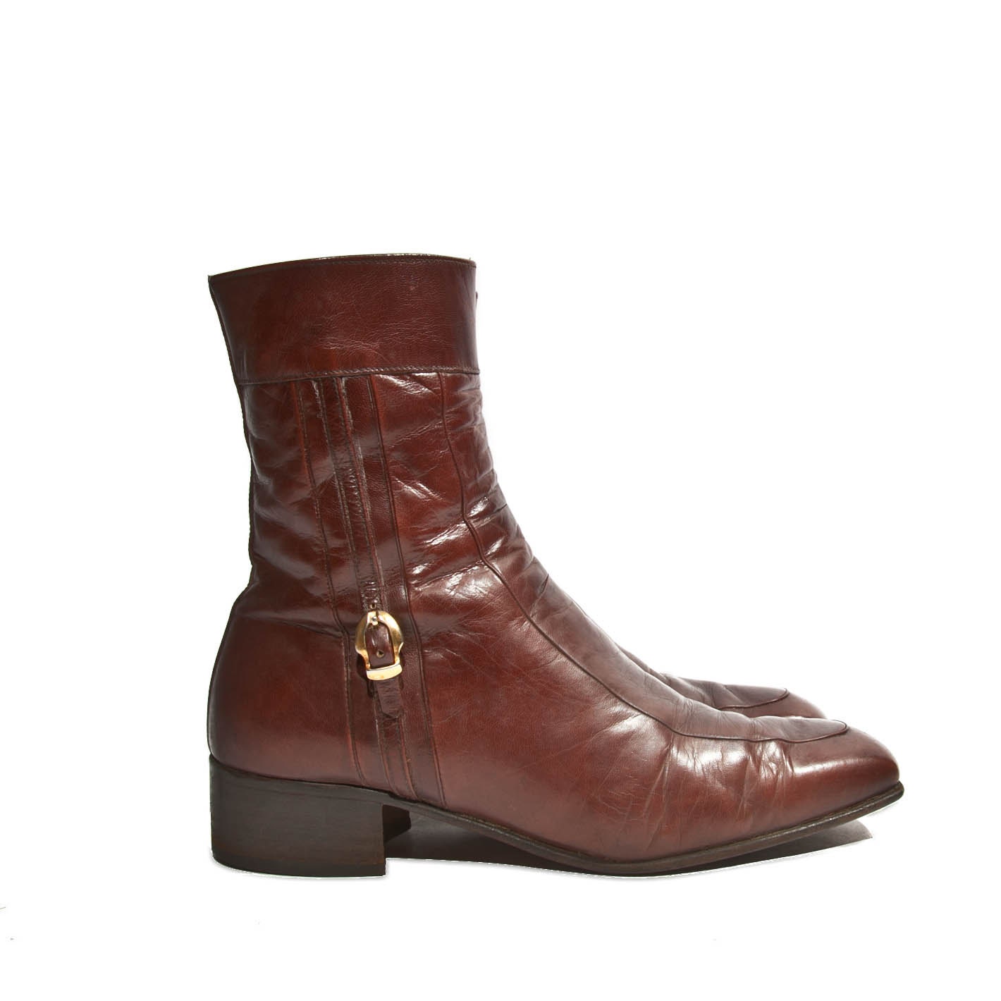 Men's Tall Leather Zipper Boots Cinnamon Brown Buckle Boots size 7 1/2 D