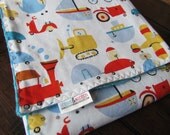 Minky Baby Blanket, Planes Trains and Automobiles with Turquoise Brown Minky - READY TO SHIP
