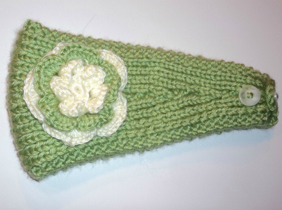 Spring Green, Knitted Headband, Ear Warmer, Hair Band, Head Wrap, Crochet Flower