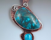 Kingman Turquoise and Copper Pendant - Patina Metal Necklace